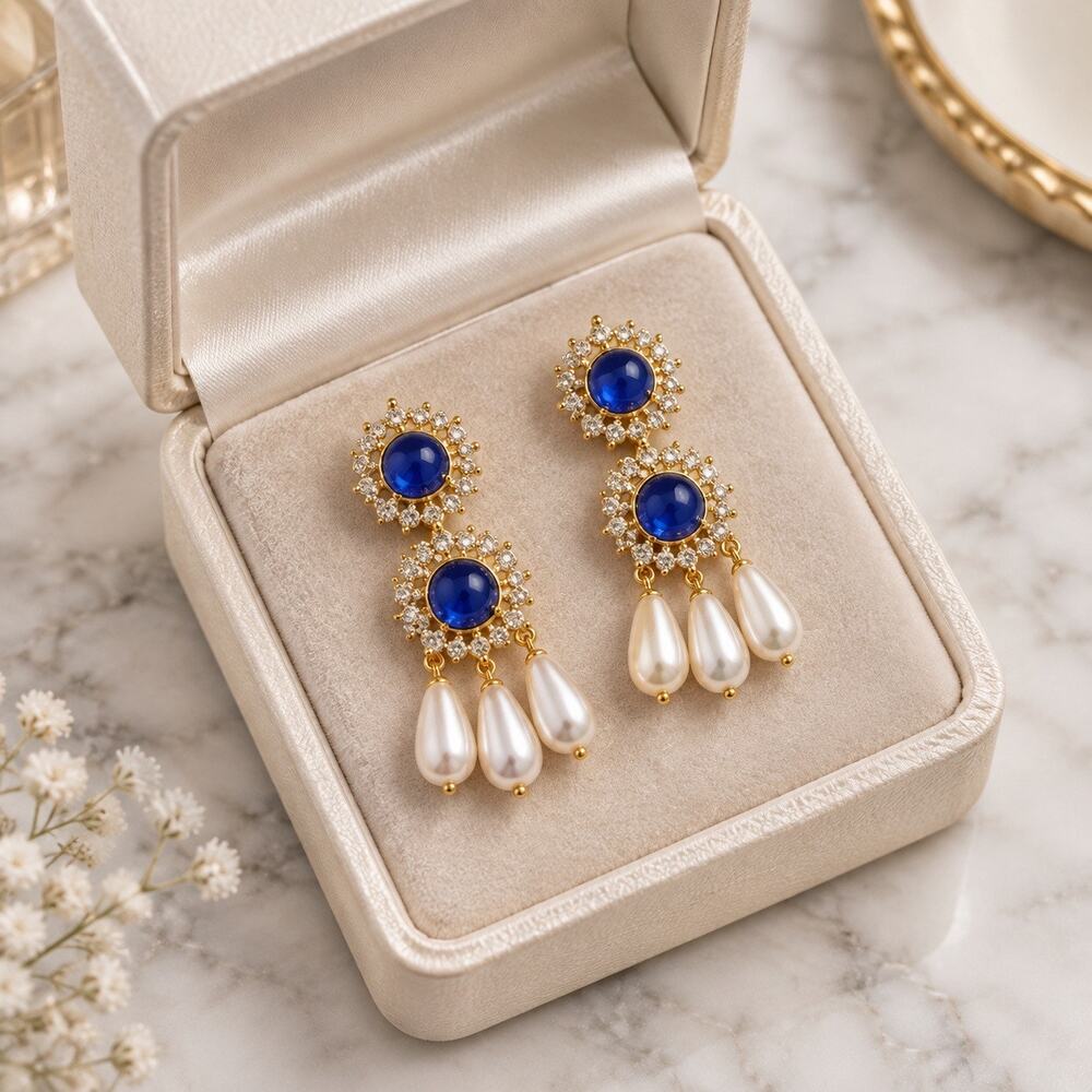 ✨ REGAL Vintage-Style Gold Blue Crystal & Teardrop Pearl Statement Earrings ✨